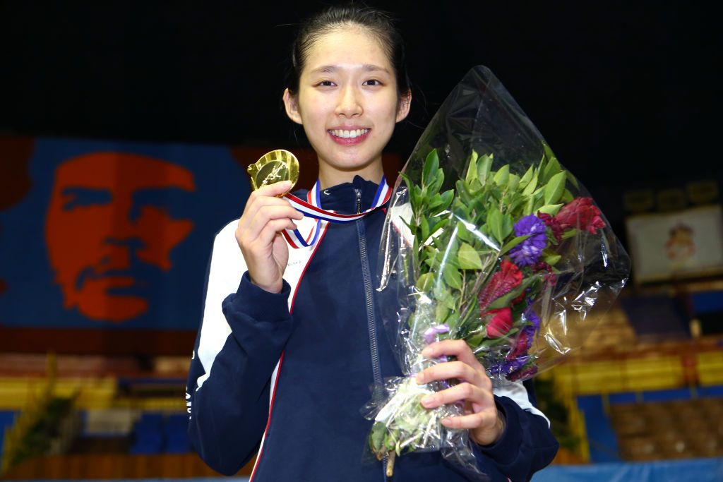 HAVANA, CUBA - JANUARY 12: Man Wai Vivian Kong of Hong Kong China holds her gold medal won at the Women's Epee World Cup on January 12, 2019 at the Coliseo de la Ciudad Deportiva in Havana, Cuba. (Photo by Devin Manky/Getty Images)