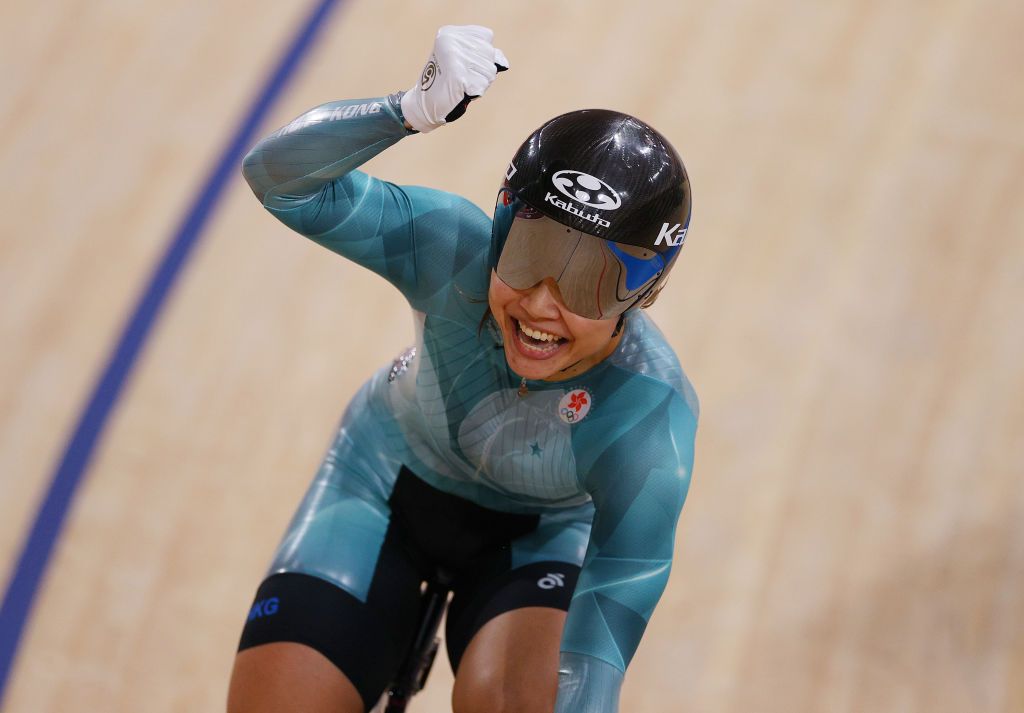 IZU, JAPAN - AUGUST 08: Wai Sze Lee of Team Hong Kong reacts to winning a bronze medal during the Women's sprint finals, race 2 of the track cycling on day sixteen of the Tokyo 2020 Olympic Games at Izu Velodrome on August 08, 2021 in Izu, Shizuoka, Japan. (Photo by Tim de Waele/Getty Images)