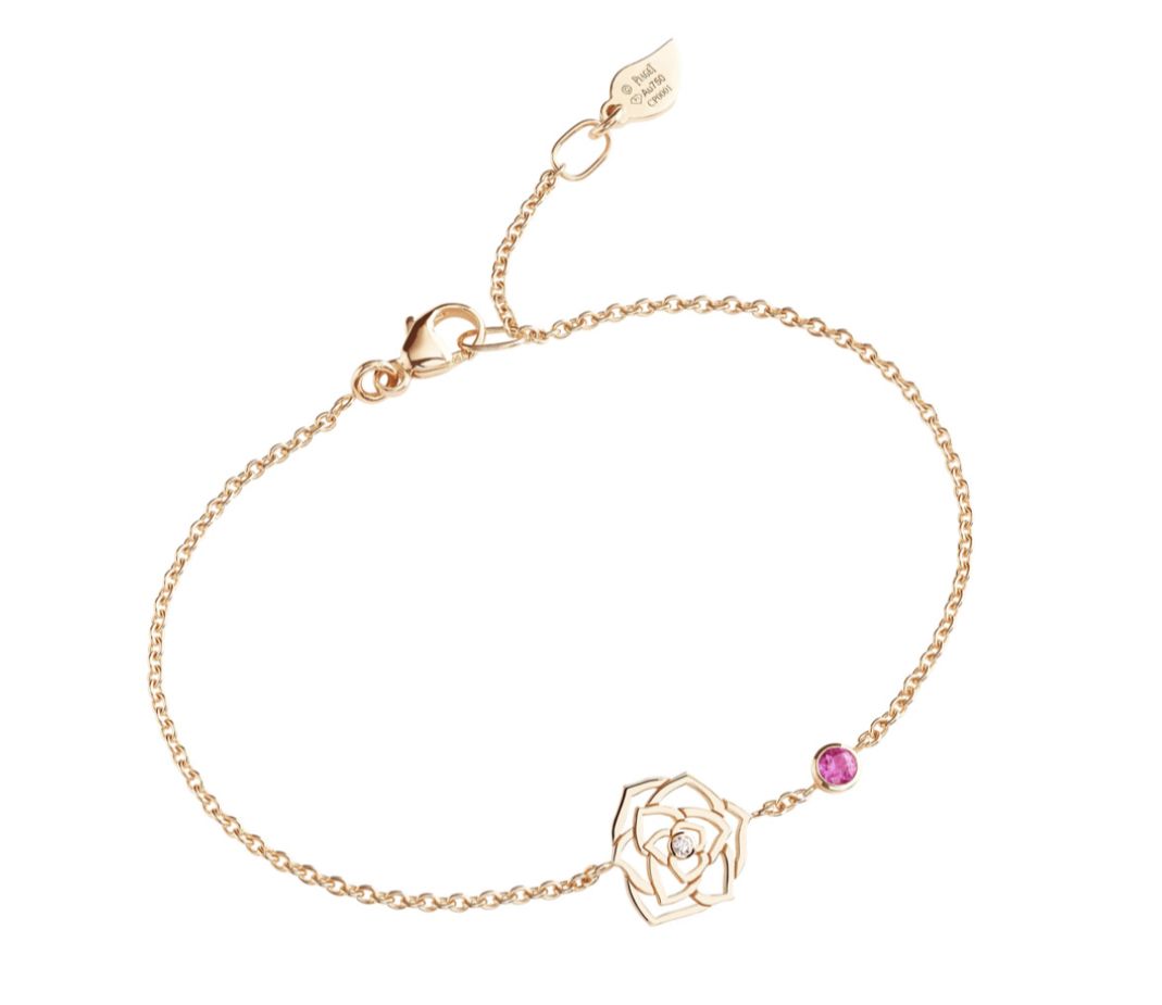 Piaget Rose 18K玫瑰金手鍊,鑲飾1顆圓鑽和1顆粉紅色藍寶石。NT$ 50,000