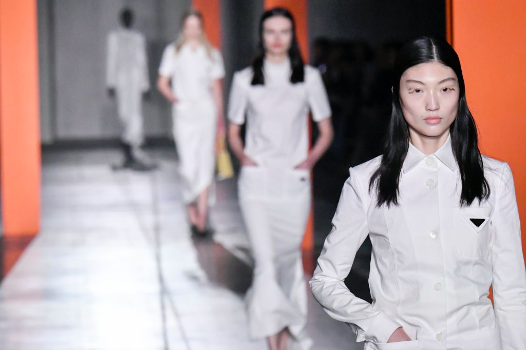 MILAN, ITALY - FEBRUARY 23: A model walks the runway during the Prada Ready to Wear Fall/Winter 2023-2024 fashion show as part of the Milan Fashion Week on February 23, 2023 in Milan, Italy. (Photo by Victor VIRGILE/Gamma-Rapho via Getty Images)
