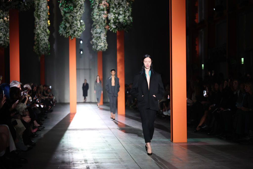 MILAN, ITALY - FEBRUARY 23: A model walks the runway at the Prada fashion show during the Milan Fashion Week Womenswear Fall/Winter 2023/2024 on February 23, 2023 in Milan, Italy. (Photo by Daniele Venturelli/WireImage)
