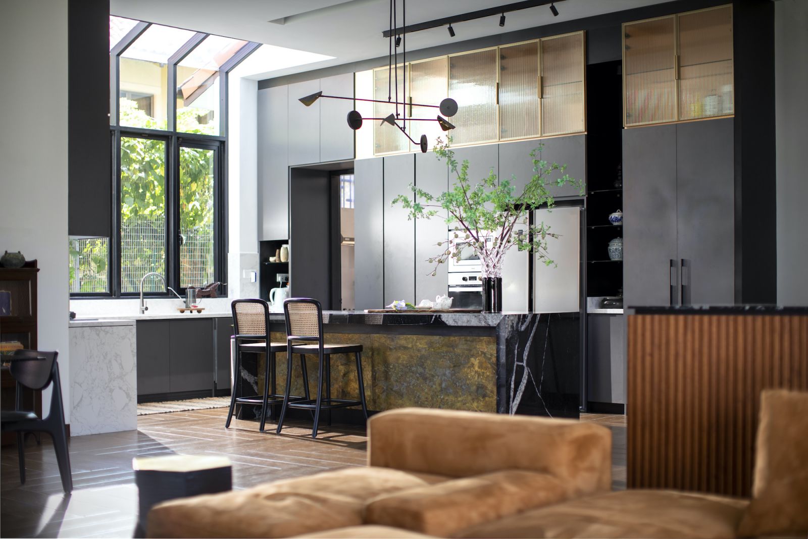 The open kitchen has a distinctly modern feel
