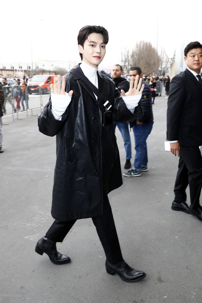 MILAN, ITALY - FEBRUARY 23: Song Kang is seen arriving at the Prada fashion show during the Milan Fashion Week Womenswear Fall/Winter 2023/2024 on February 23, 2023 in Milan, Italy. (Photo by John Phillips/Getty Images)