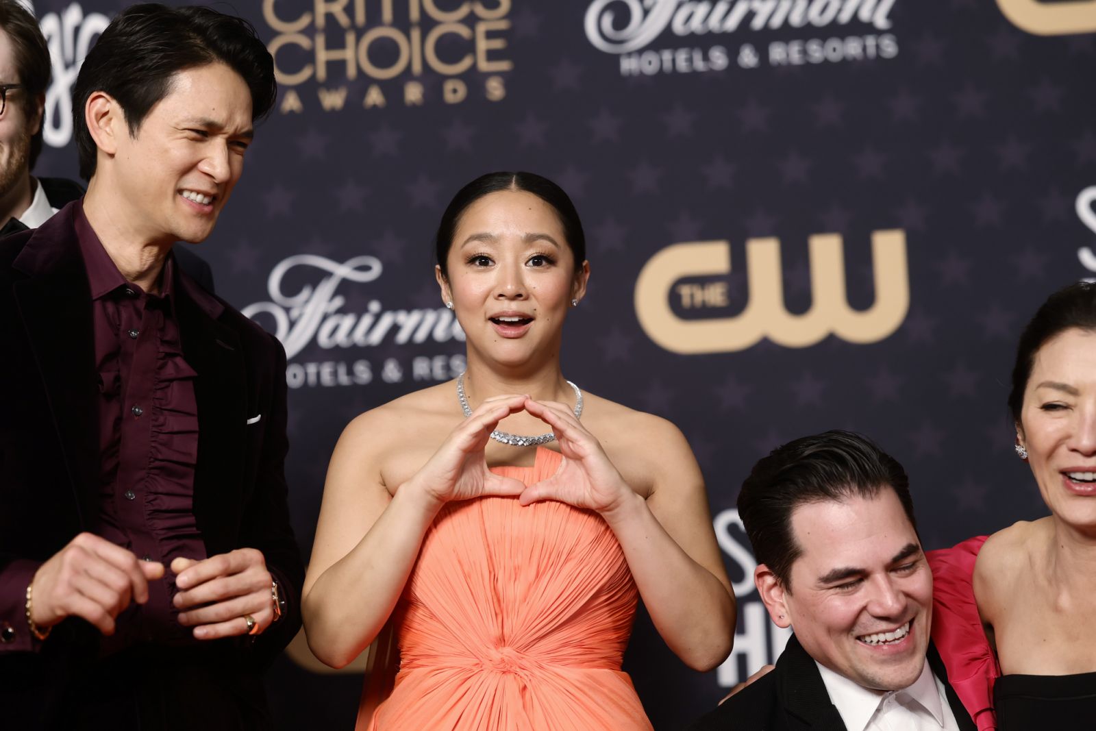 LOS ANGELES, CALIFORNIA - JANUARY 15: (L-R) Harry Shum Jr., Stephanie Hsu, Jonathan Wang, and Michelle Yeoh, winners of Best Picture award for "Everything Everywhere All at Once", pose in the press room during the 28th Annual Critics Choice Awards at Fairmont Century Plaza on January 15, 2023 in Los Angeles, California. (Photo by Emma McIntyre/Getty Images for Critics Choice Association)