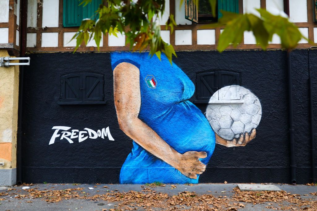 Football related mural in Milan, Italy on October 7, 2021. (Photo by Beata Zawrzel/NurPhoto via Getty Images)