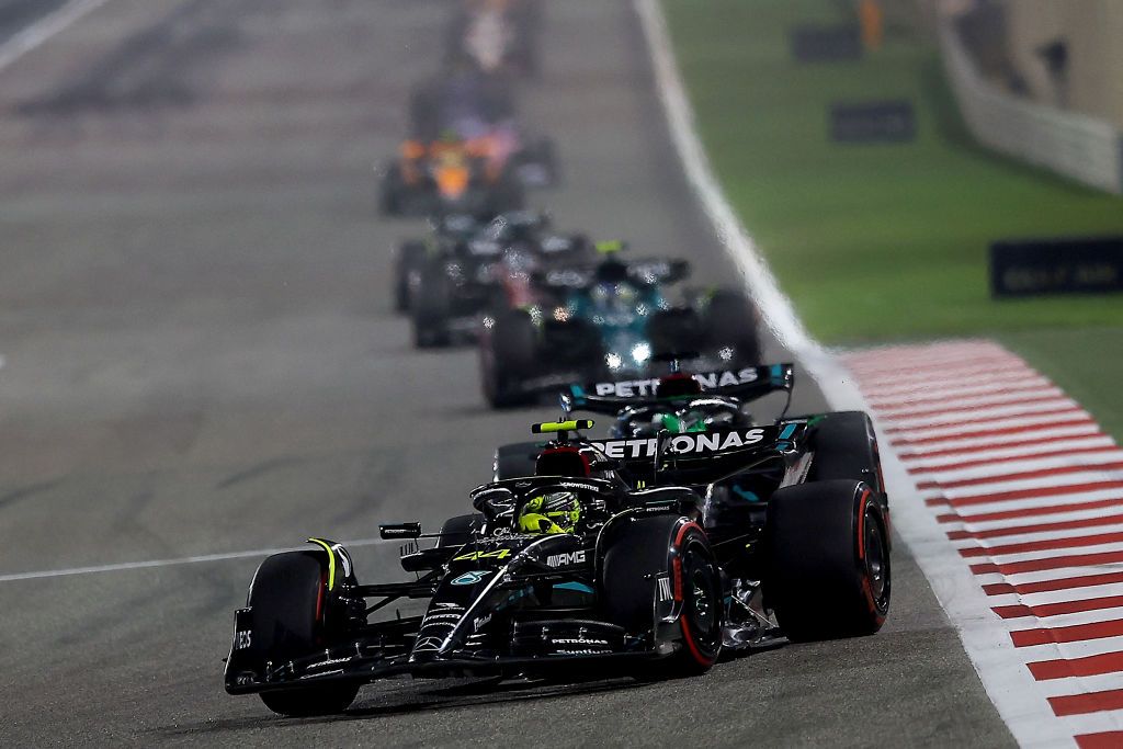 BAHRAIN, BAHRAIN - MARCH 05: Lewis Hamilton of Great Britain driving the (44) Mercedes AMG Petronas F1 Team W14 on track during the F1 Grand Prix of Bahrain at Bahrain International Circuit on March 05, 2023 in Bahrain, Bahrain. (Photo by Eric Alonso/Getty Images)