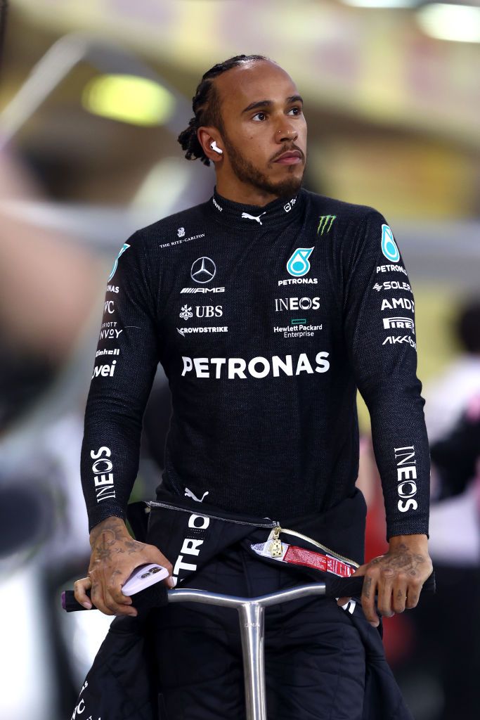 BAHRAIN, BAHRAIN - MARCH 05: Lewis Hamilton of Great Britain and Mercedes prepares to drive on the grid during the F1 Grand Prix of Bahrain at Bahrain International Circuit on March 05, 2023 in Bahrain, Bahrain. (Photo by Bryn Lennon - Formula 1/Formula 1 via Getty Images)