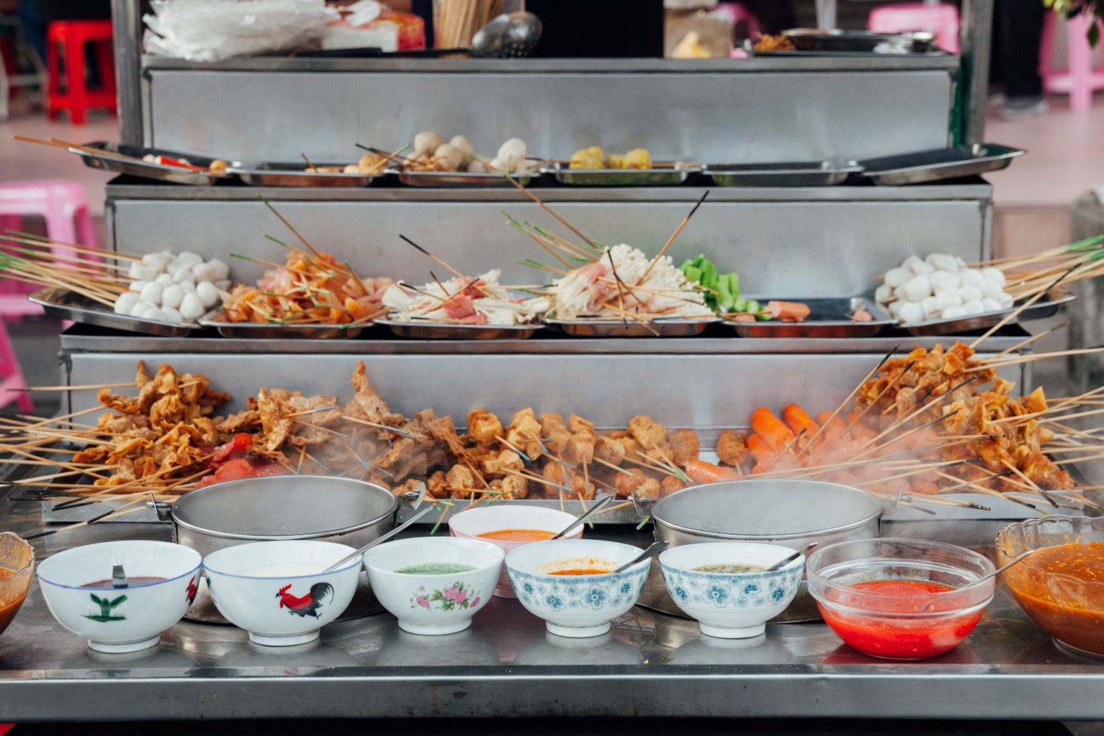 Lok-Lok steamboat stall at the Kimberly Street Food Market, George Town, Penang, Malaysia.