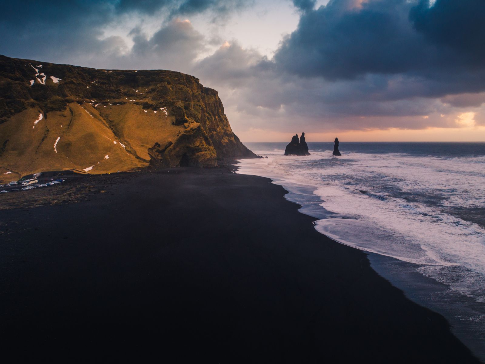 Aerial perspective of black sand beach, Vik, Iceland