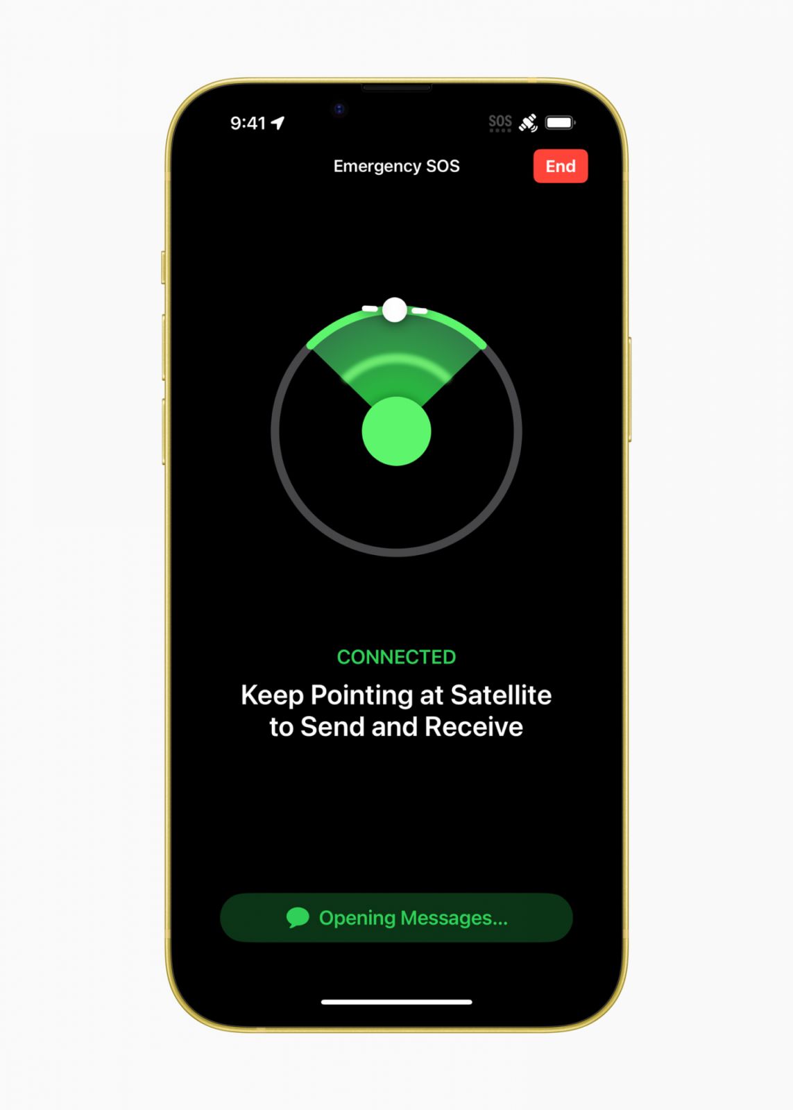 直覺的操作界面會引導使用者將 iPhone 指向特定方位,以便連接至衛星。(Photo via Apple)