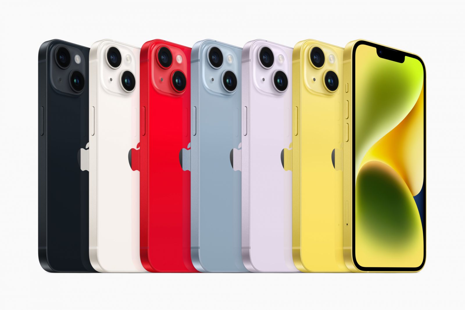 iPhone 14 和 iPhone 14 Plus 全系列顏色。(Photo via Apple)