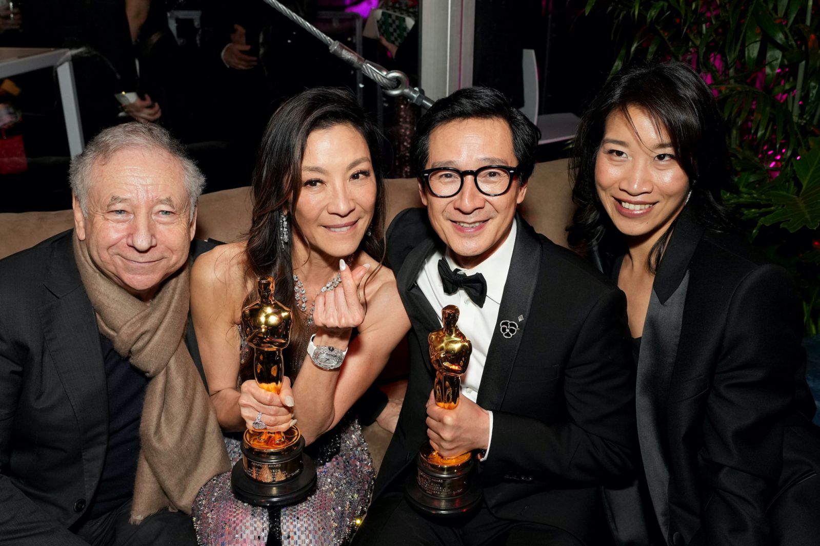 BEVERLY HILLS, CALIFORNIA - MARCH 12: EXCLUSIVE ACCESS, SPECIAL RATES APPLY. (L-R) Jean Todt, Michelle Yeoh, Ke Huy Quan and guest attend the 2023 Vanity Fair Oscar Party Hosted By Radhika Jones at Wallis Annenberg Center for the Performing Arts on March 12, 2023 in Beverly Hills, California. (Photo by Kevin Mazur/VF23/WireImage for Vanity Fair)