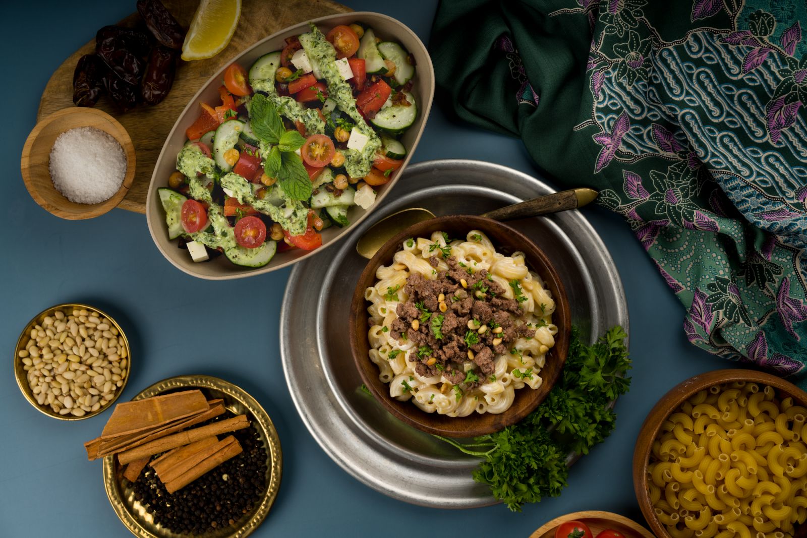 Mac and Cheese with Middle Eastern Spiced Beef and Crispy Chickpea Salad with Green Goddess Dressing