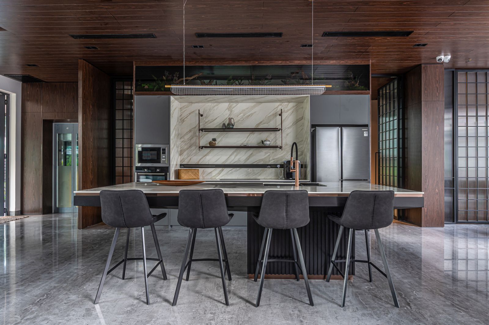 Gray, white and dark wood combine well