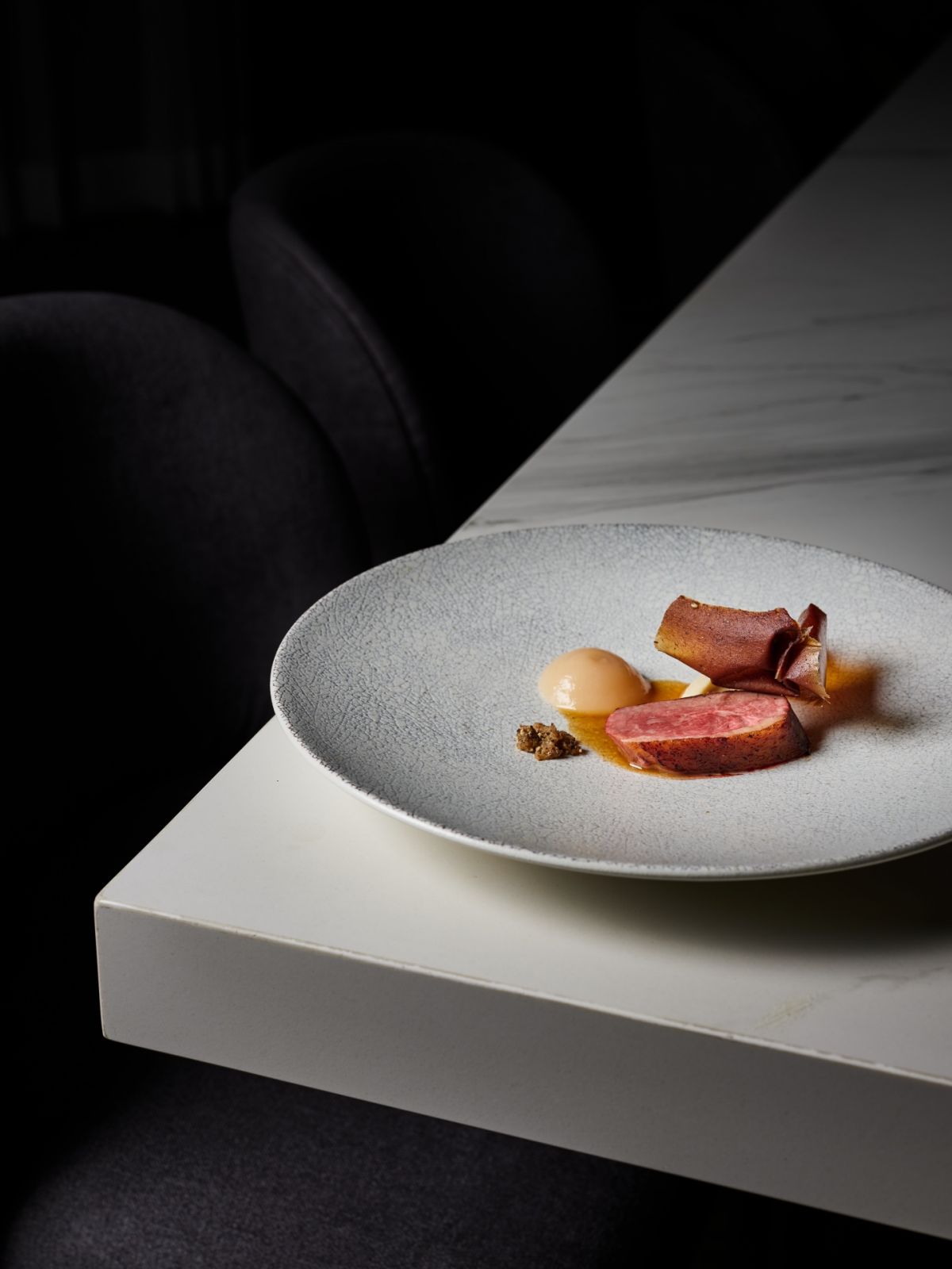 Helm by Josh Boutwood Makati City duck, cauliflower puree, guyabano puree, duck sauce and black pepper gel