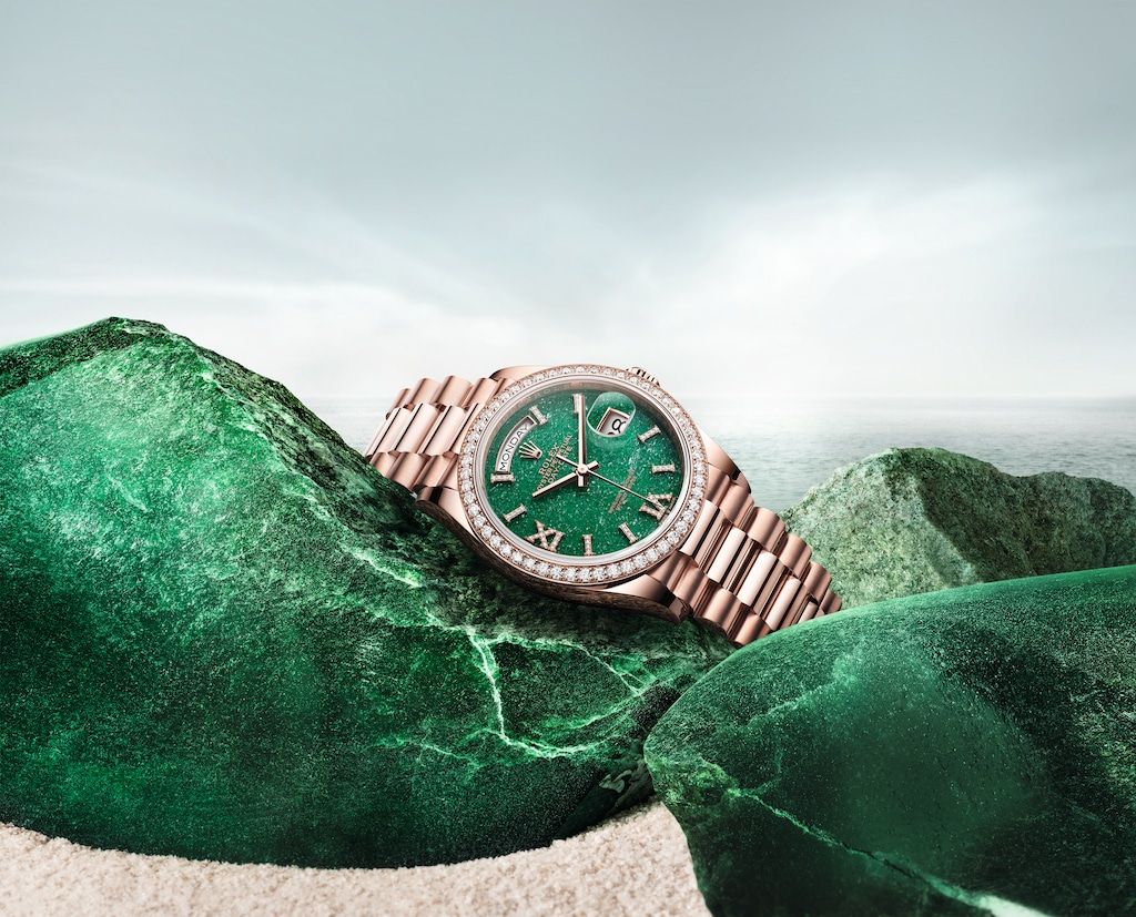 2023 Watches & Wonders 勞力士新款腕錶:Day-Date 36 綠色金沙石錶盤。Photo:Rolex