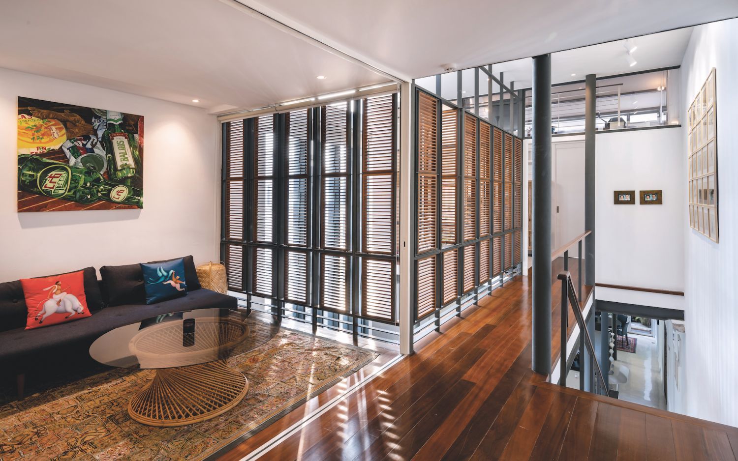 Light streams in through louvers