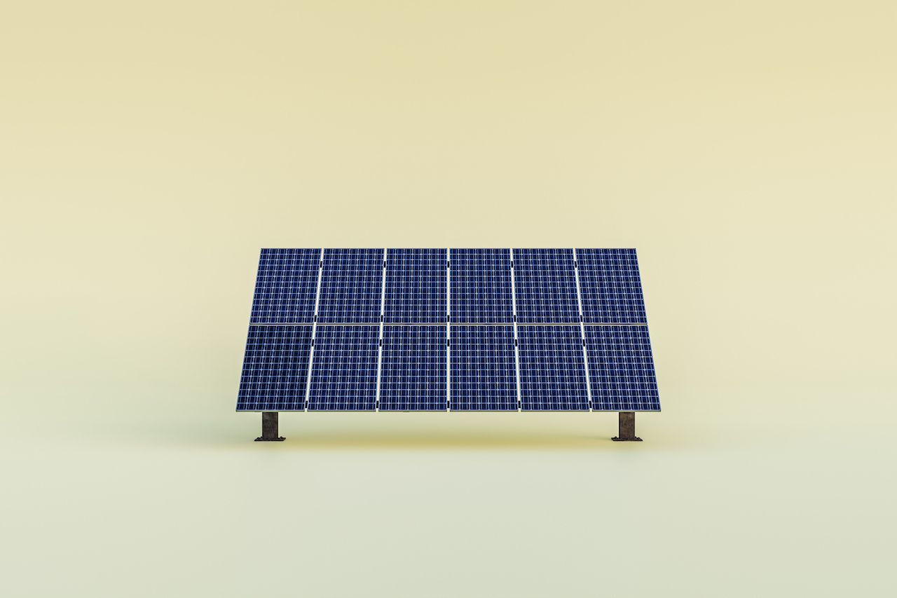 solar panels with base on yellow background, 3d rendering
