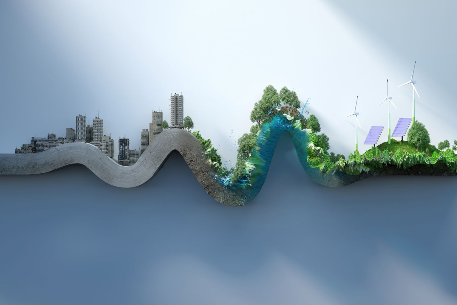 Digital generated image of abstract curve chart made out of concrete old city transforming into green fresh environment with alternative energy on white background. Sustainable city concept.