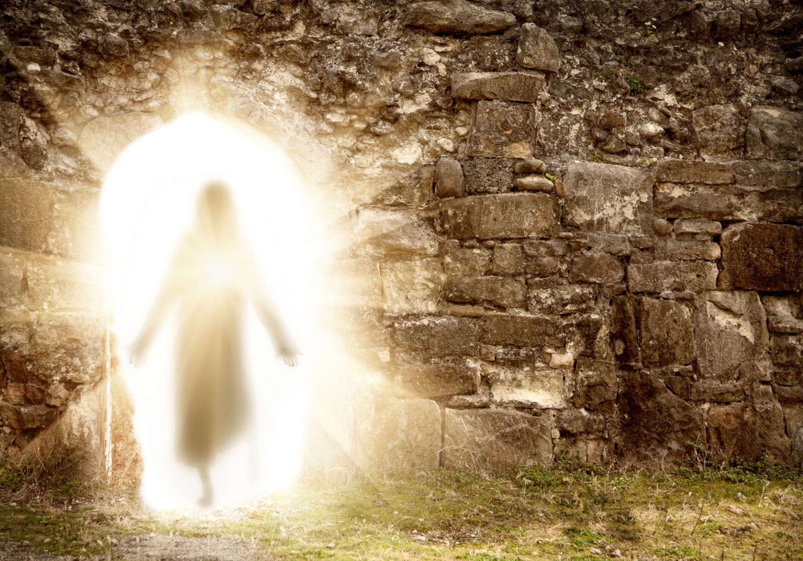 Easter. Resurrection. Stone wall with Jesus Tomb