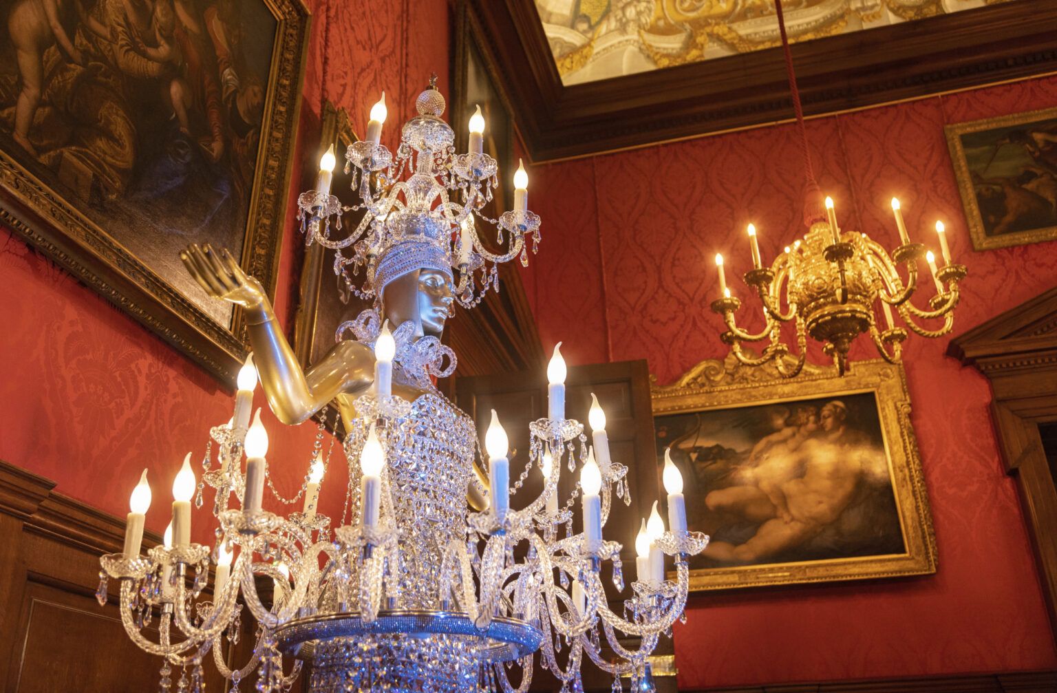 The King's Drawing Room showing the chandelier dress and head-piece by Jeremy Scott for Moschino worn by Katy Perry to Met Gala 2018.Crown to Couture, a major exhibition at Kensington Palace, examines and celebrates how fashion from the royal Georgian court has inspired red-carpet catwalk designs in the 21st century. Crown to Couture 5th April â 29th October 2023.