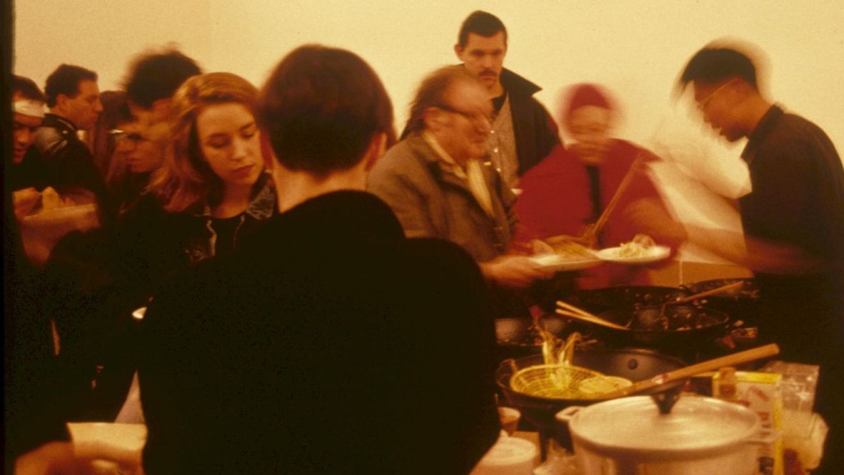 Guests interact with Tiravanija’s ‘Untitled (pad thai)’ (1990) at Paula Allen Gallery, New York (Photo: courtesy of David Zwirner Hong Kong gallery)