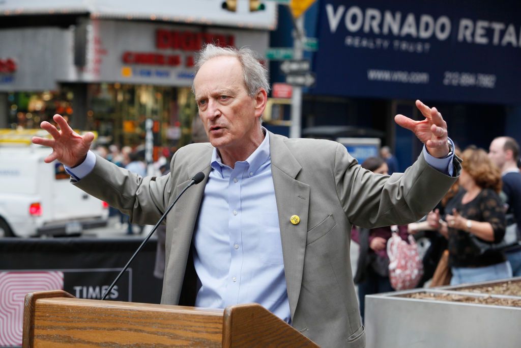 NEW YORK - APRIL 22: Co-founder of Earth Day Denis Hayes speaks at the speaks at the lighting of the Earth Ball press conference to launch the Green Generation campaign in Duffy Square in Times Square on April 22, 2009 in New York City. (Photo by Mark Von Holden/WireImage)