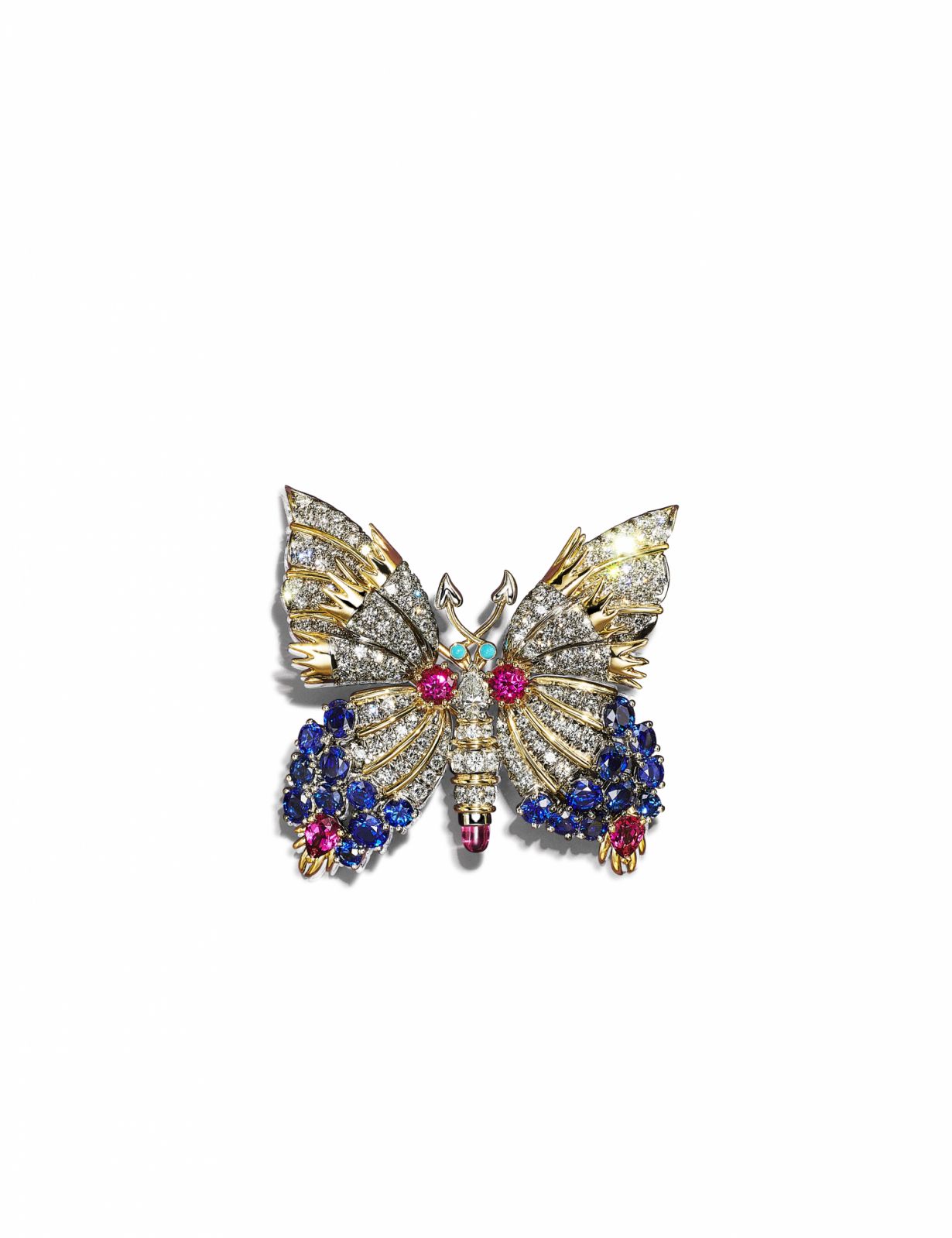 Tiffany & Co. Schlumberger蝴蝶設計鉑金與18K金鑲嵌紅碧璽, 海水藍寶, 綠松石與鑽石胸針