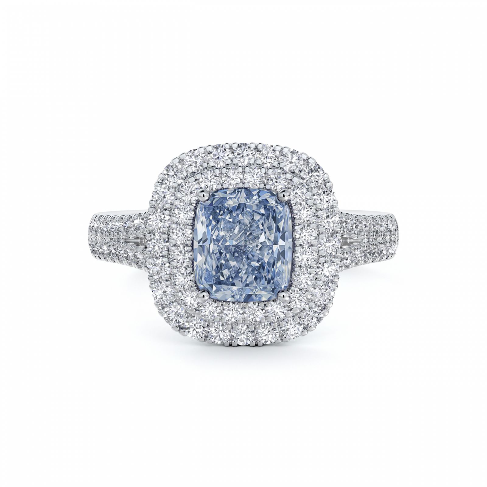 Dee Beers Aura Double Halo 高級珠寶枕形切割藍鑽戒指Photo:De Beers