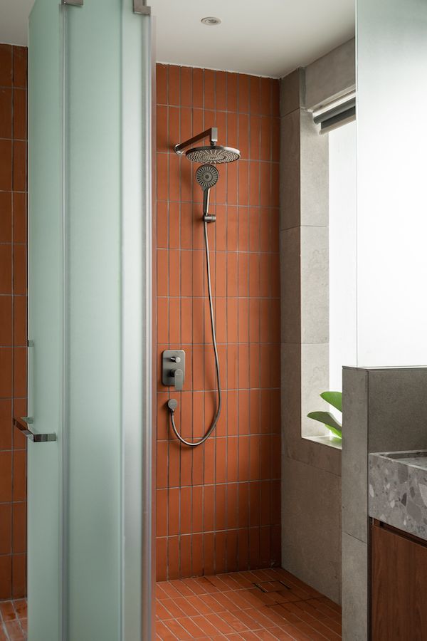 Red tiled shower stall