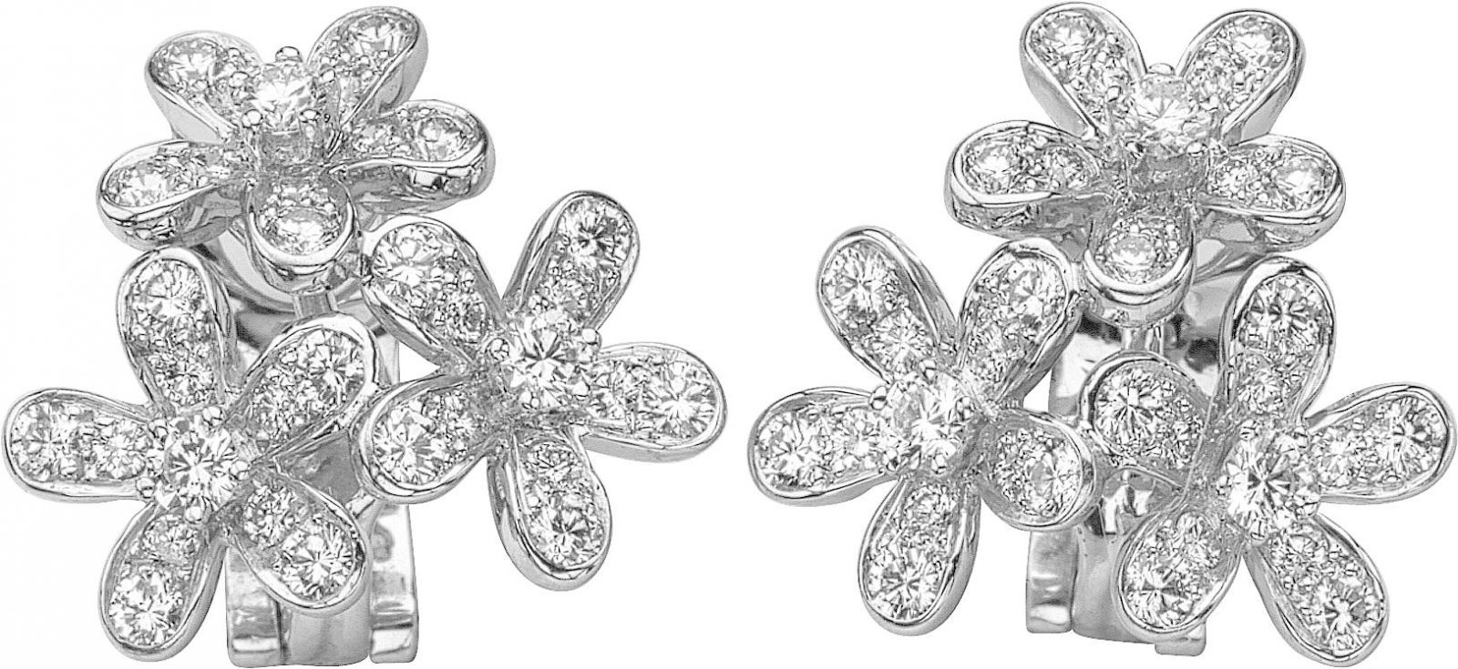 Socrate earrings, 3 flowers, white gold, round diamonds; diamond quality DEF, IF to VVS.