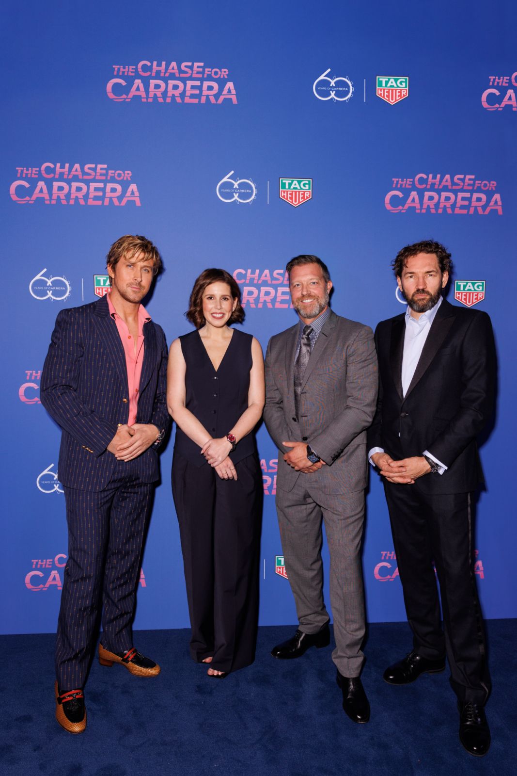 左至右,品牌大使暨電影主角Ryan Gosling、好萊塢女演員Vanessa Bayer、《子彈列車》導演David Leitch、導演Nash Edgerton(Photo: TAGHeuer)