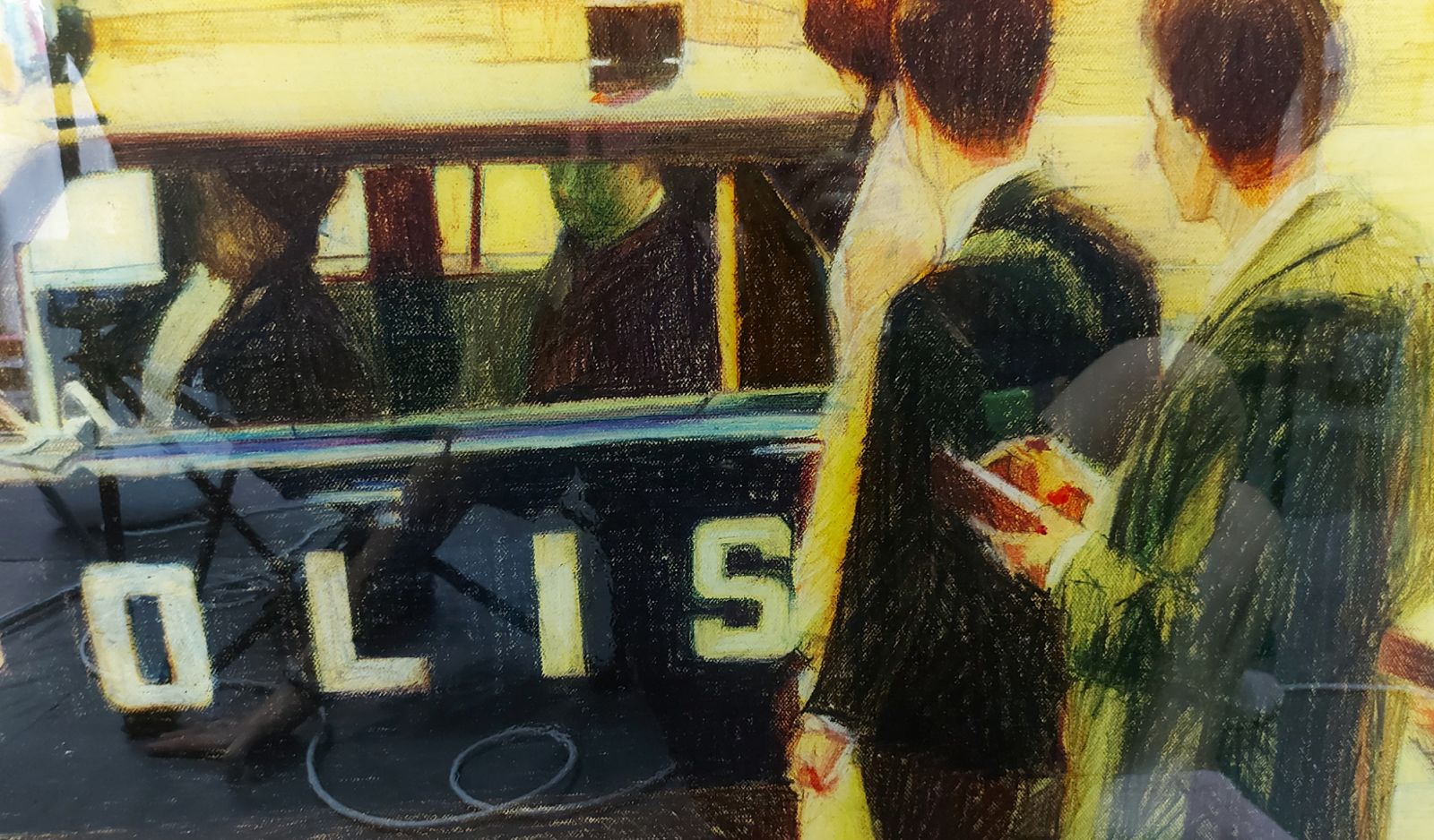 'Blindsight' (2022); Pastel color pencil, oil pastel, dry pastel, synthetic acrylic paint, vinyl and charcoal pencil on canvas on board.