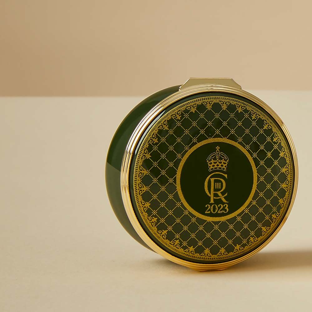 Halcyon Days His Majesty King Charles III Cypher Green Enamel Box