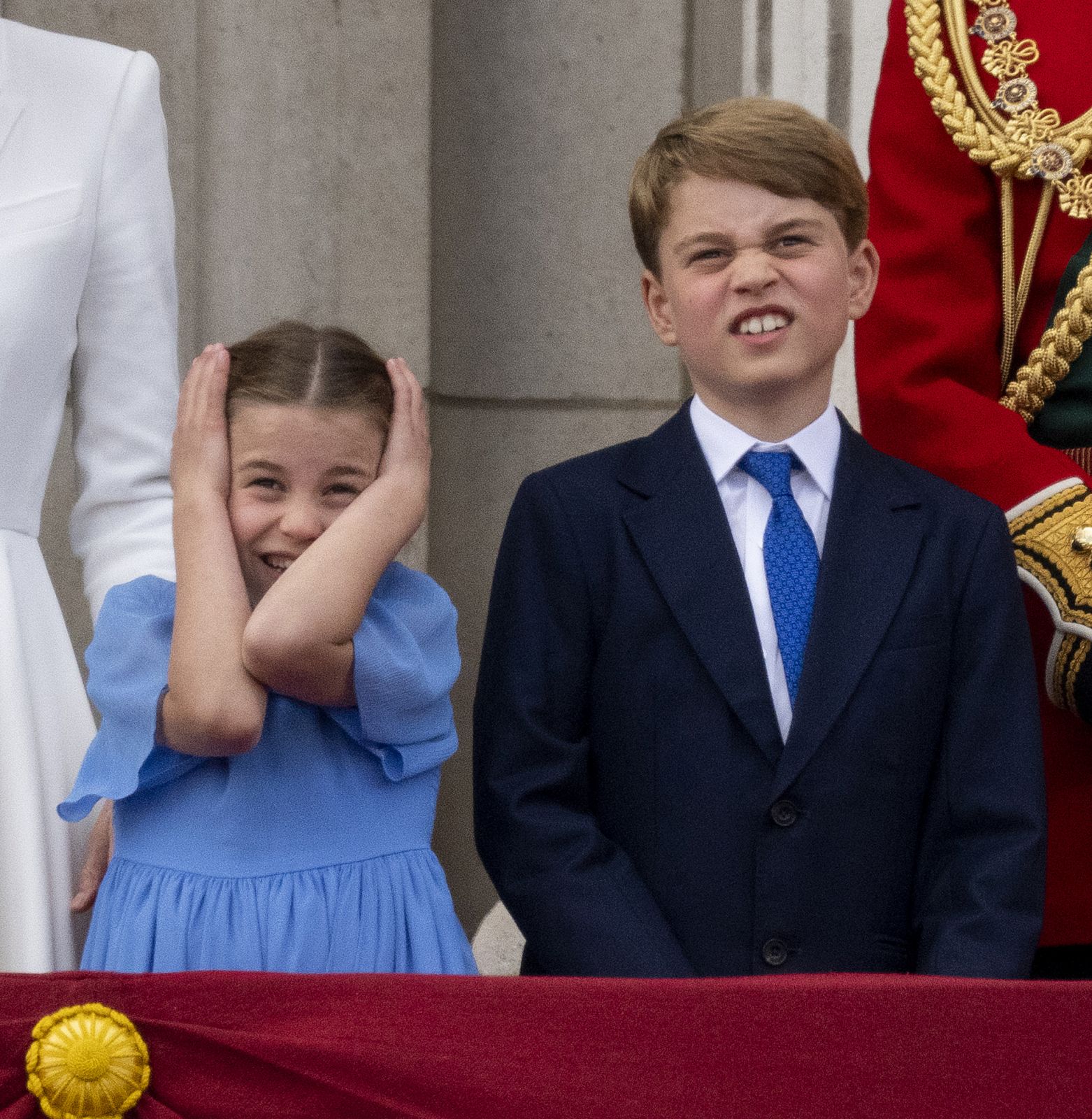 LONDON, ENGLAND - JUNE 02:Princess Charlotte of Cambridge with Prince George of Cambridge during Trooping the Colour on June 2, 2022 in London, England. Trooping The Colour, also known as The Queen's Birthday Parade, is a military ceremony performed by regiments of the British Army that has taken place since the mid-17th century. It marks the official birthday of the British Sovereign. This year, from June 2 to June 5, 2022, there is the added celebration of the Platinum Jubilee of Elizabeth II in the UK an