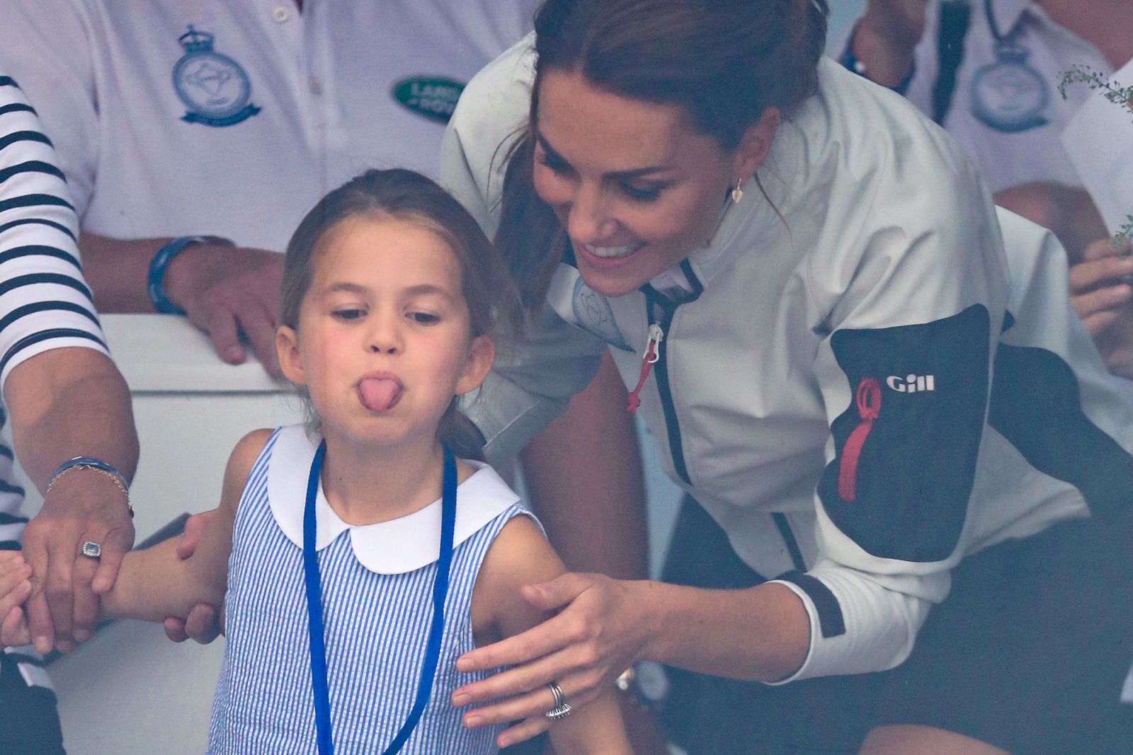 COWES, ENGLAND - AUGUST 08: Princess Charlotte of Cambridge and  Catherine, Duchess of Cambridge having fun together after the inaugural Kingâs Cup regatta hosted by the Duke and Duchess of Cambridge on August 08, 2019 in Cowes, England. Their Royal Highnesses hope that The Kingâs Cup will become an annual event bringing greater awareness to the wider benefits of sport, whilst also raising support and funds for Action on Addiction, Place2Be, the Anna Freud National Centre for Children and Families, The