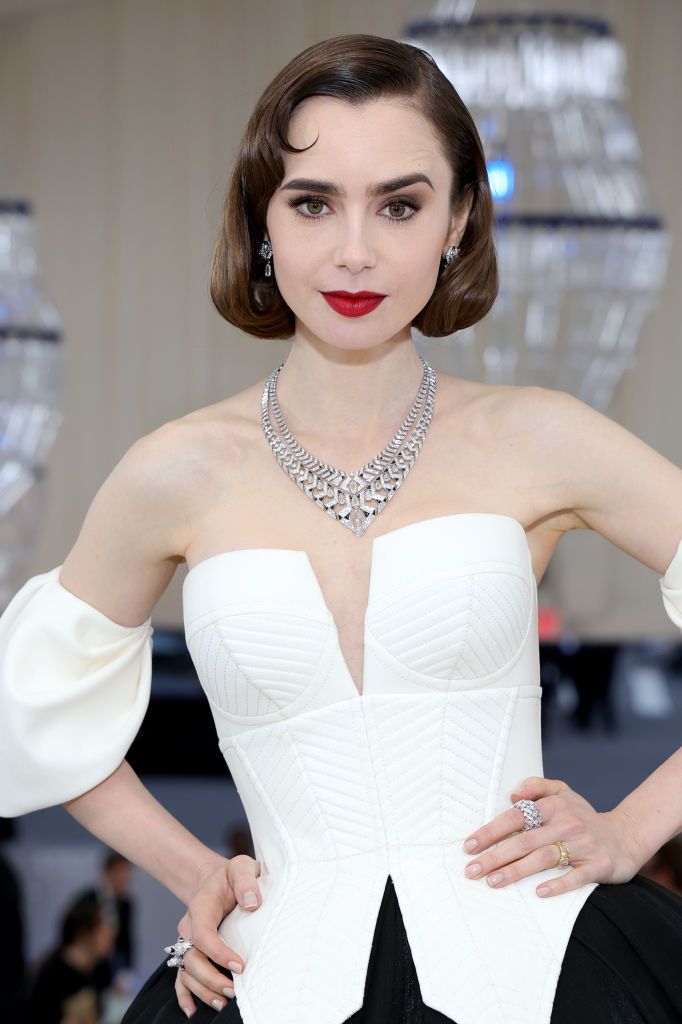 NEW YORK, NEW YORK - MAY 01: Lily Collins attends The 2023 Met Gala Celebrating "Karl Lagerfeld: A Line Of Beauty" at The Metropolitan Museum of Art on May 01, 2023 in New York City. (Photo by Kevin Mazur/MG23/Getty Images for The Met Museum/Vogue)