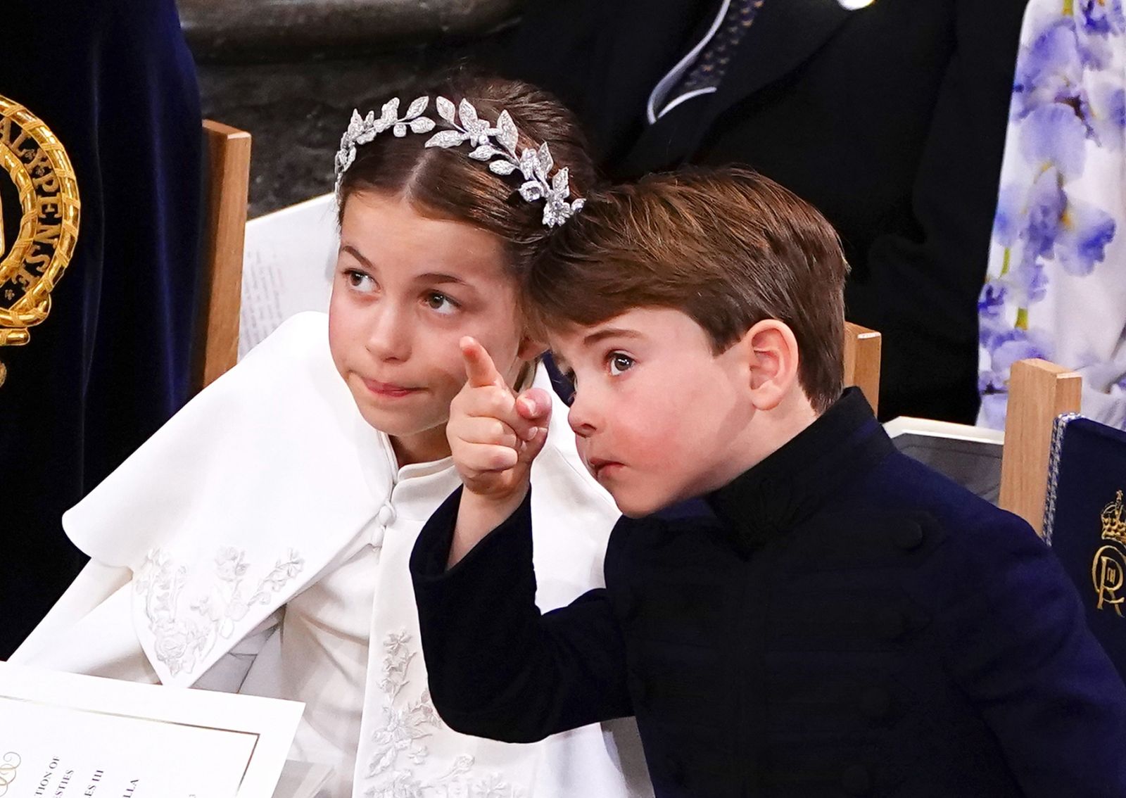LONDON, ENGLAND - MAY 06: Britain's Prince William, Prince of Wales, Princess Charlotte, Prince Louis and Britain's Catherine, Princess of Wales attend the Coronation of King Charles III and Queen Camilla at Westminster Abbey on May 6, 2023 in London, England. The Coronation of Charles III and his wife, Camilla, as King and Queen of the United Kingdom of Great Britain and Northern Ireland, and the other Commonwealth realms takes place at Westminster Abbey today. Charles acceded to the throne on 8 September