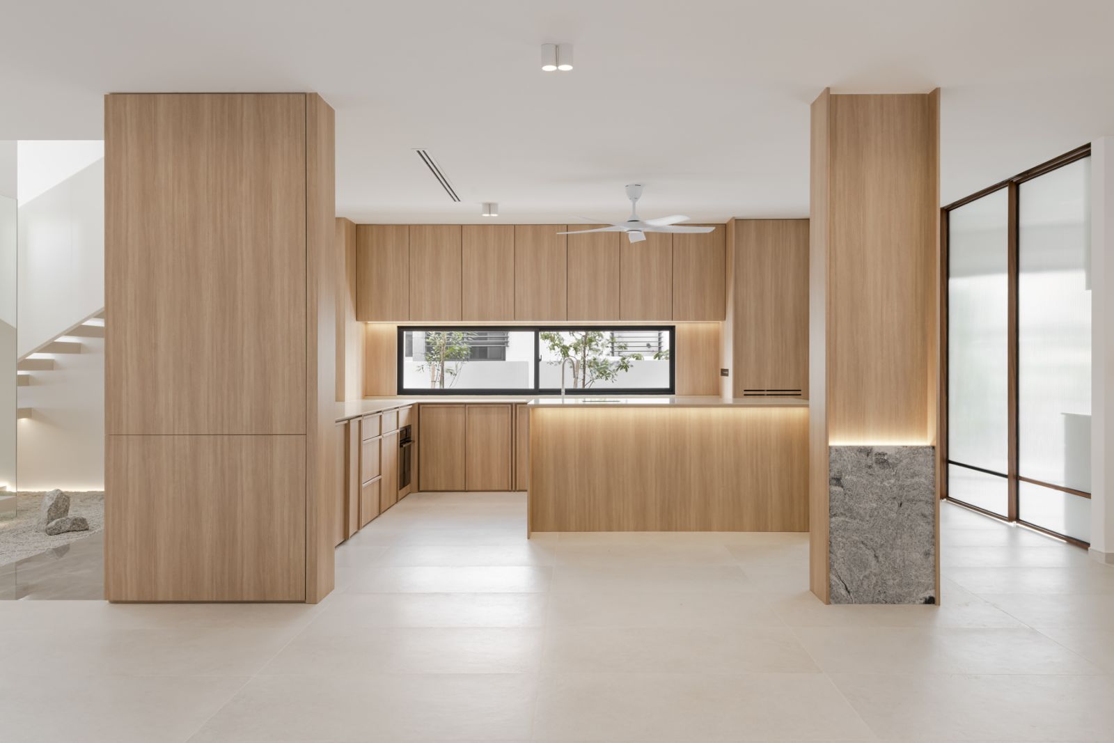 The kitchen with its limited colour palette