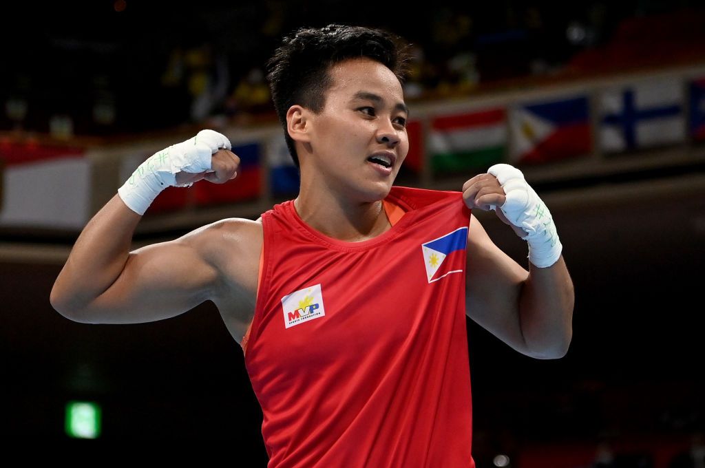 TOKYO, JAPAN - AUGUST 03: Nesthy Petecio of Team Philippines reacts after losing against Sena Irie of Team Japan during the Women's Feather (54-57kg) final on day eleven of the Tokyo 2020 Olympic Games at Kokugikan Arena on August 03, 2021 in Tokyo, Japan. (Photo by Luis Robayo - Pool/Getty Images)