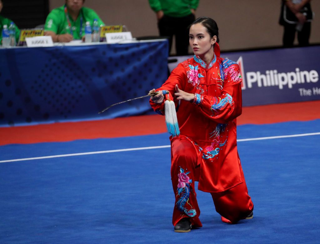 Agatha Wong of the Philippines performs her routine during the Wushu Taoulu Women's Taijijiann event for the 30th SEA Games held in Manila on December 3, 2019. Wong took home the gold for the event earning her 2nd gold for this year's SEA Games. (Photo by George Calvelo/NurPhoto via Getty Images)
