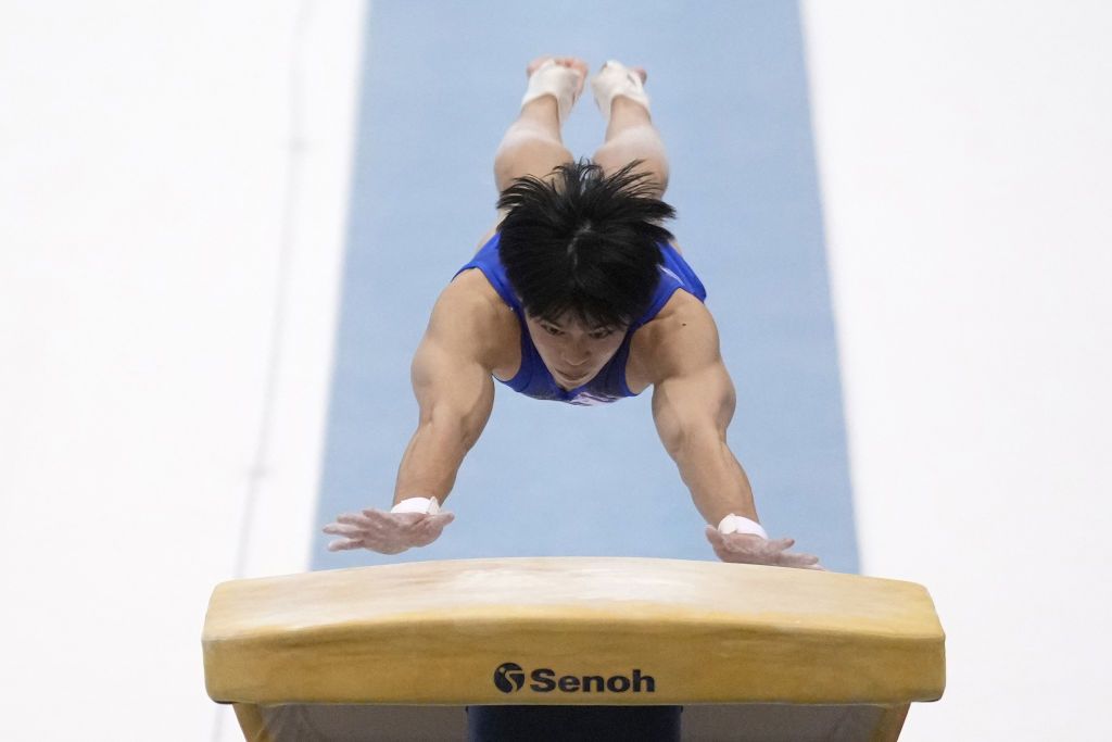 ECHIZEN, JAPAN - DECEMBER 11: Carlos Edriel Yulo of the Philippines competes in the men's vault during day two of the 76th All Japan Artistic Gymnastics Team Championships at Sun Dome Fukui on December 11, 2022 in Echizen, Fukui, Japan. (Photo by Toru Hanai/Getty Images)