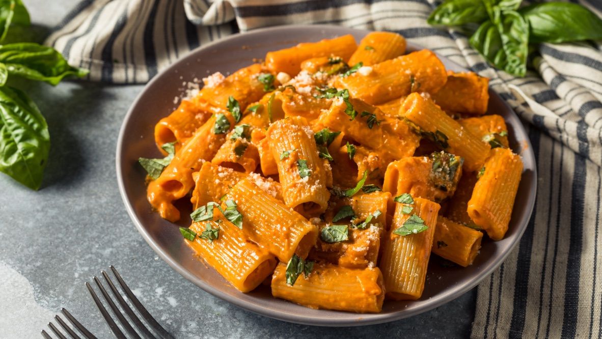 Healthy Homemade Vodka Rigatoni Pasta with Cheese and Basil