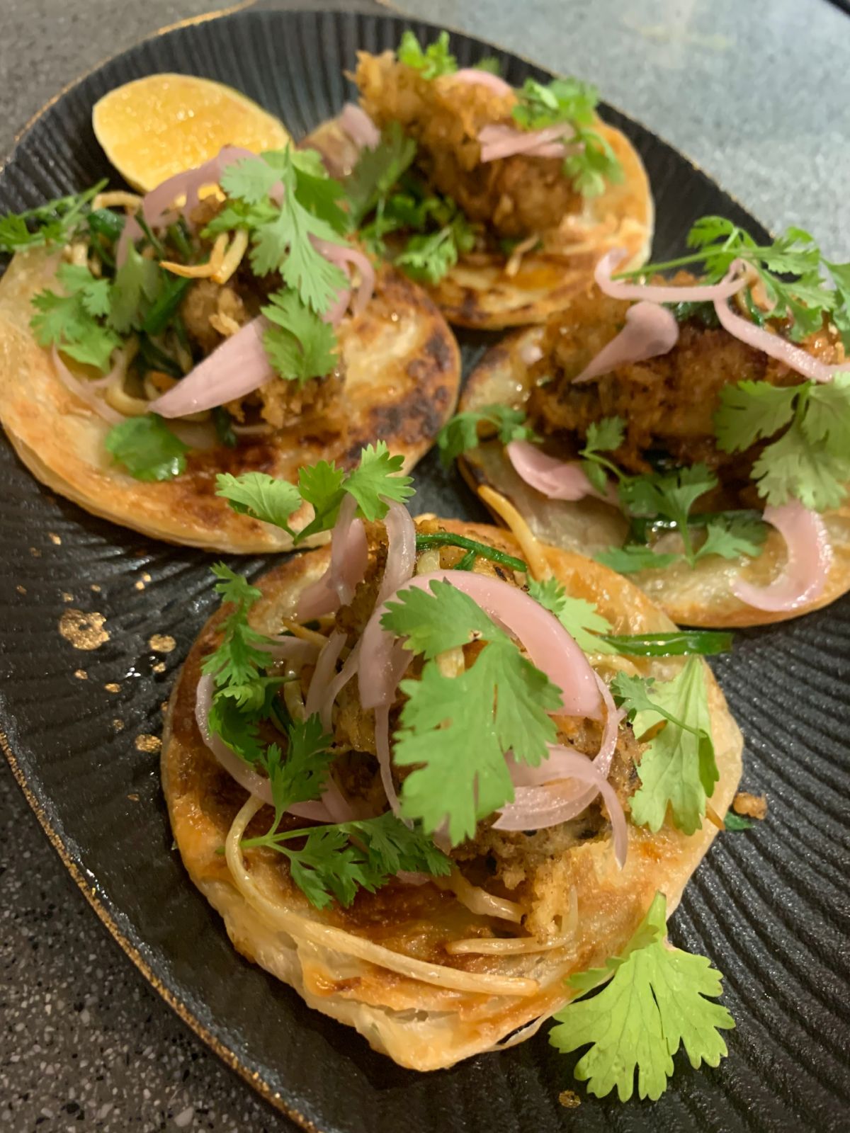 Mireia Dining fried oyster on scallion pancake