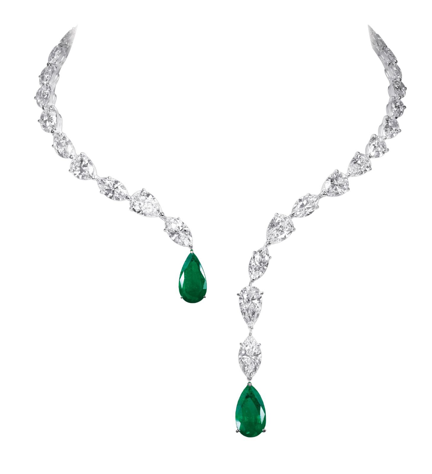 High jewellery necklace with 55.67 carats of diamonds and 11.72 carats of Colombian emeralds. And matching earrings with 7.42 carats of Colombian emeralds, and 2.97 carats of diamonds. Both set in platinum.