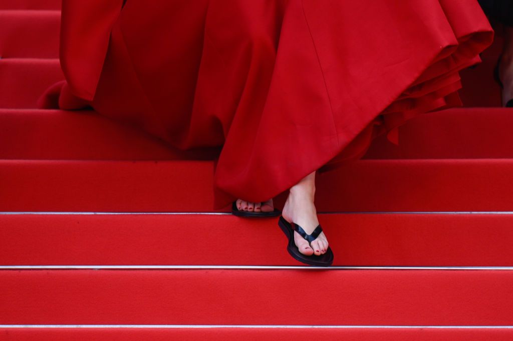 CANNES, FRANCE - MAY 21: Jennifer Lawrence, shoes details, attends the "Anatomie D'une Chute (Anatomy Of A Fall)" red carpet during the 76th annual Cannes film festival at Palais des Festivals on May 21, 2023 in Cannes, France. (Photo by Stephane Cardinale - Corbis/Corbis via Getty Images)