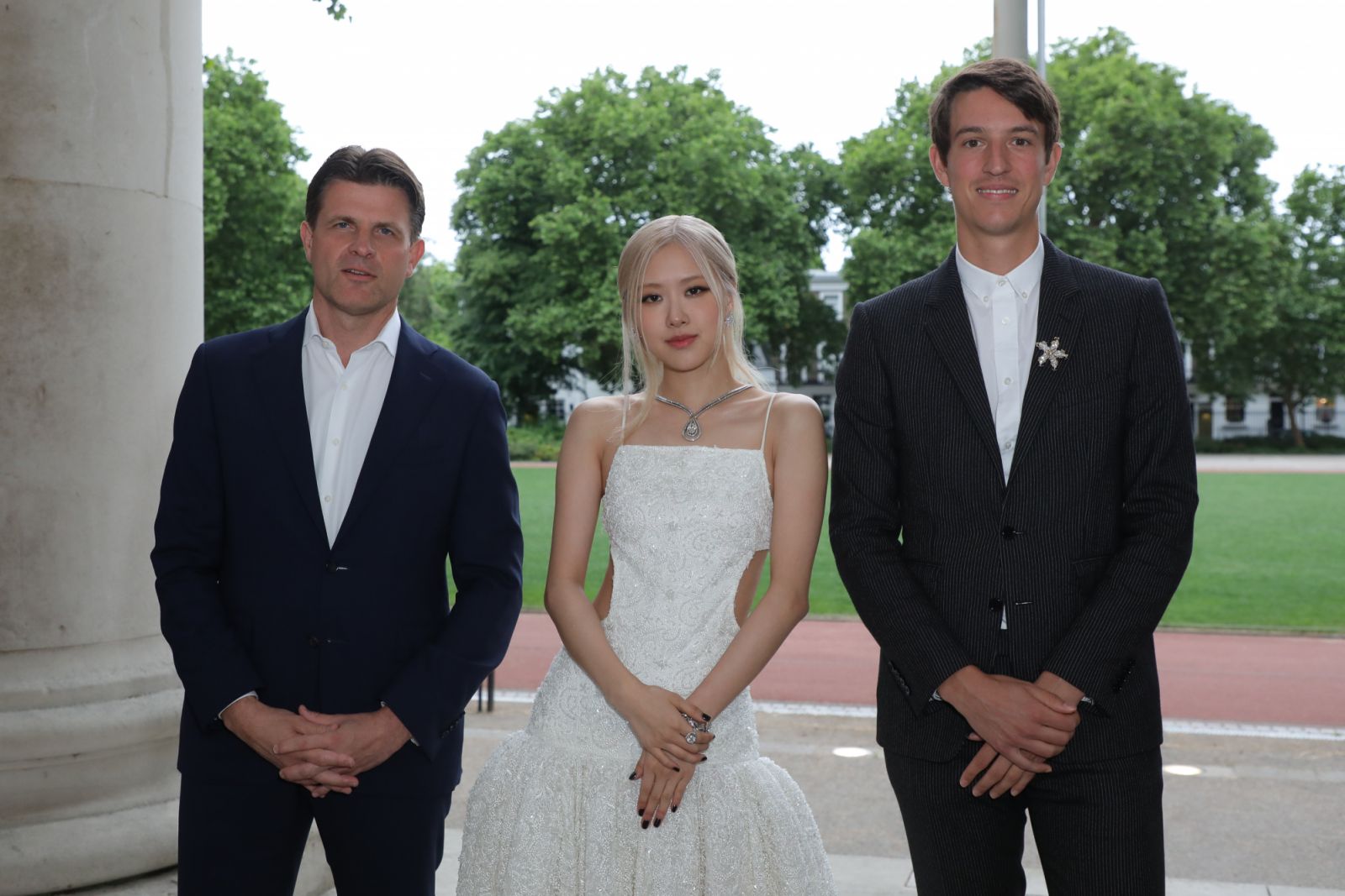 LONDON, ENGLAND - JUNE 09: (L to R) Anthony Ledru, President & CEO of Tiffany & Co.,, Rosé and Alexandre Arnault, Tiffany & Co. EVP of Product and Communications, attend the opening of Tiffany & Co.'s Brand Exhibition - Vision & Virtuosity - at the Saatchi Gallery on June 9, 2022 in London, England. (Photo by David M. Benett/Dave Benett/Getty Images for Tiffany & Co.)