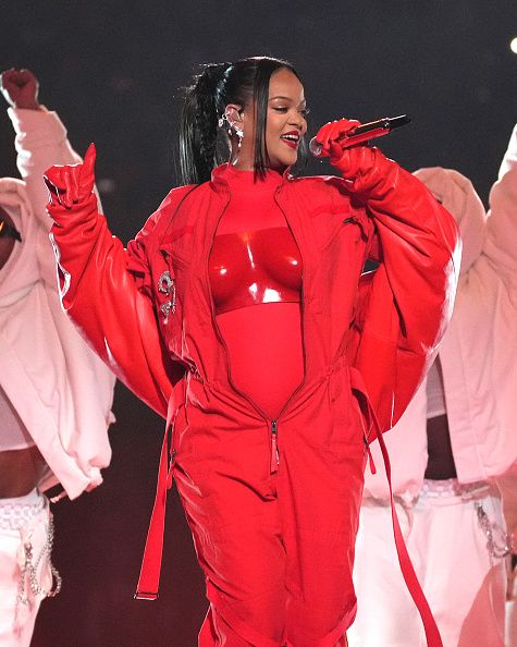Rihanna performs during Apple Music Super Bowl LVII Halftime Show. (Photo by Kevin Mazur/Getty Images for Roc Nation)