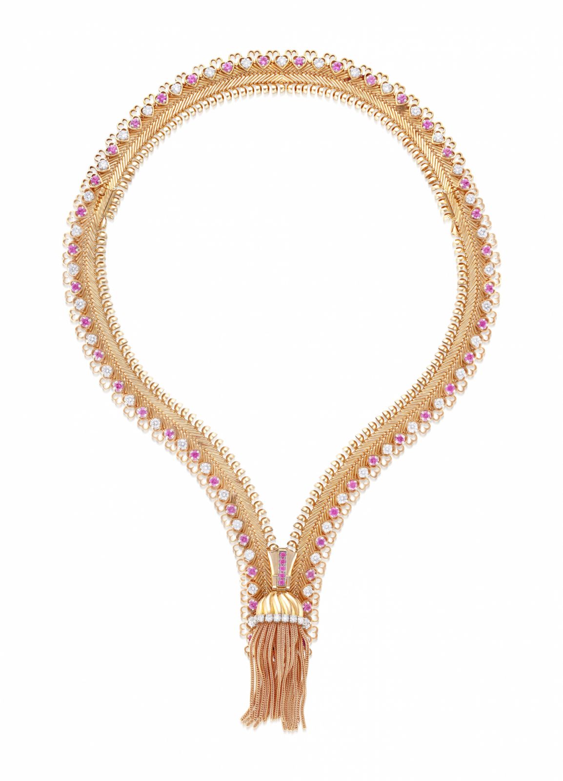 Van Cleef & Arpels,K粉紅金配粉紅剛玉及鑽石「Zip」項鏈。成交價3,302,000港元(約12,980,000台幣Photo: Phillips Auction)