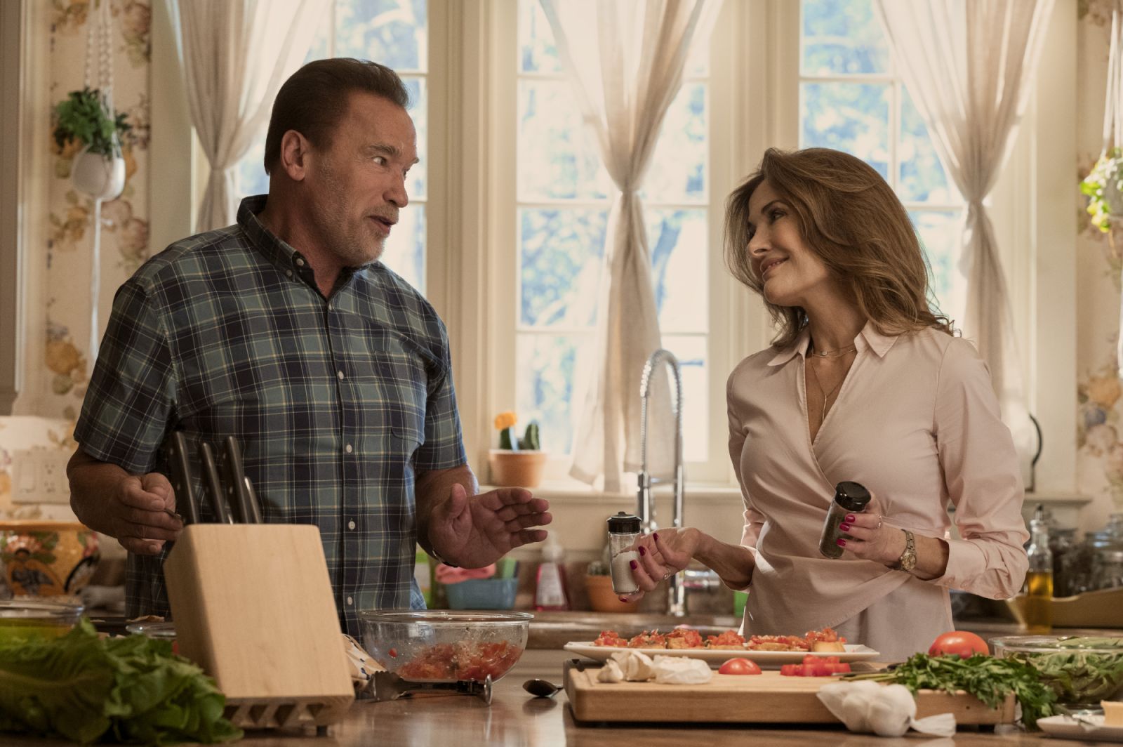 Fubar. (L to R) Arnold Schwarzenegger as Luke Brunner, Fabiana Udenio as Tally Brunner in episode 101 of Fubar. Cr. Amanda Matlovich/Netflix © 2023